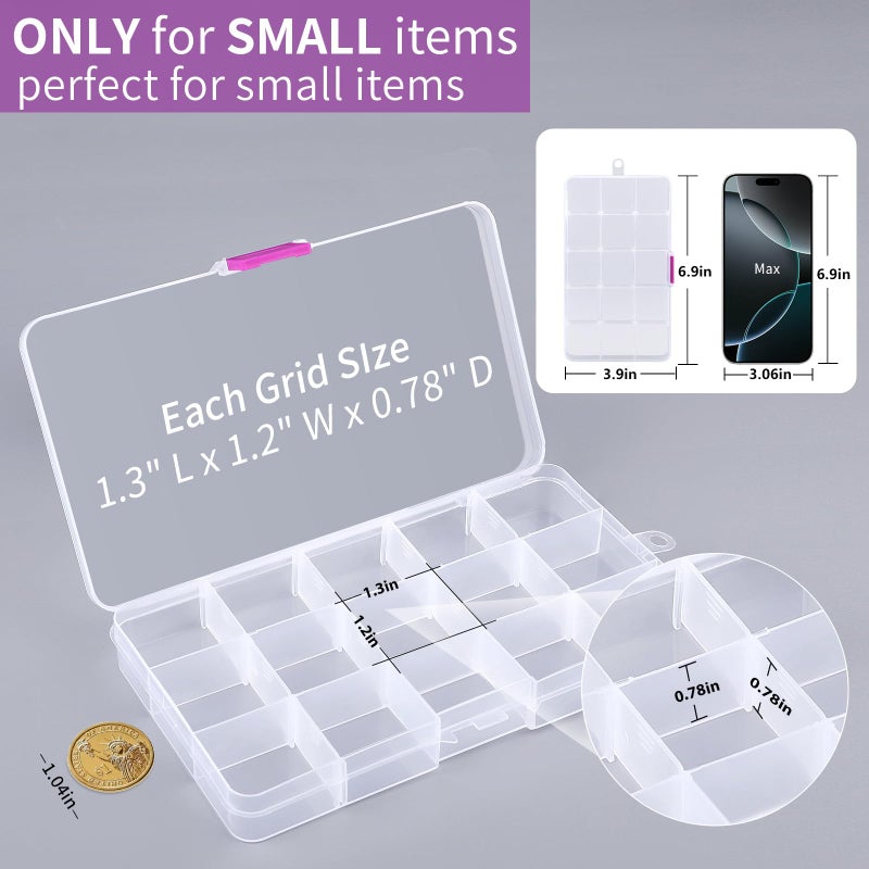 Opret 15 Grids Bead Organizer(4 Pack), Earring Organizer Box, SMALL Plastic Clear Organizing Containers with Adjustable Dividers for Crafts Jewelry Screws Small Items, Size 6.9Ã—3.9Ã—0.9in - Image 3